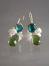 earrings Bee pearls, green and blue crystal